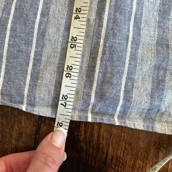 Sigrid Olsen | White & Blue Striped Linen Blend Short Sleeve Pop-Over Blouse - Picture 7 of 7